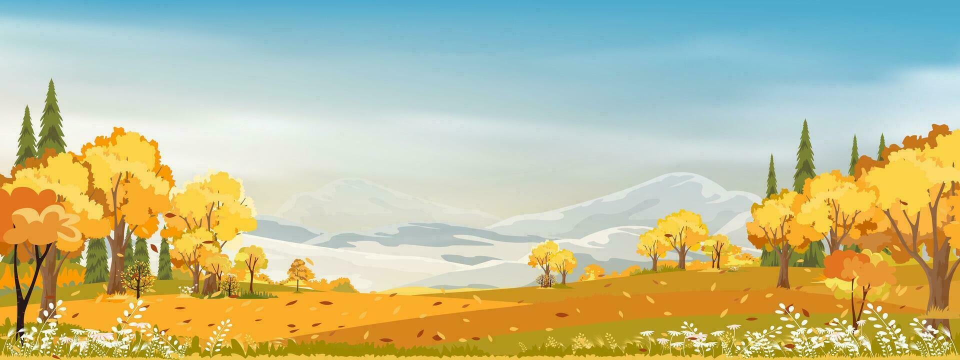 otoño paisaje paisaje con Mañana cielo y nube terminado bosque arboles con otoño hojas,vector bandera maravilloso pintoresco antecedentes con amarillo follaje, dibujos animados color naturaleza otoño temporada antecedentes vector