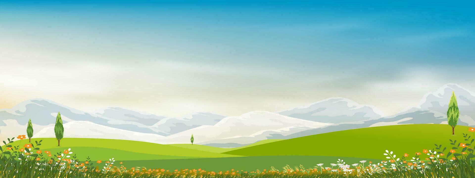 primavera antecedentes con verde césped campo paisaje con montaña, azul cielo y nubes,panorama verano rural naturaleza en con césped tierra en colina.dibujos animados vector ilustración fondo bandera