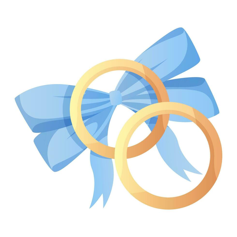 Wedding two rose gold rings on decorated blue ribbon bow. Alliance ring for the married couple. Wedding day accessories, decorations. Celebrate marriage, save the date ceremony. vector