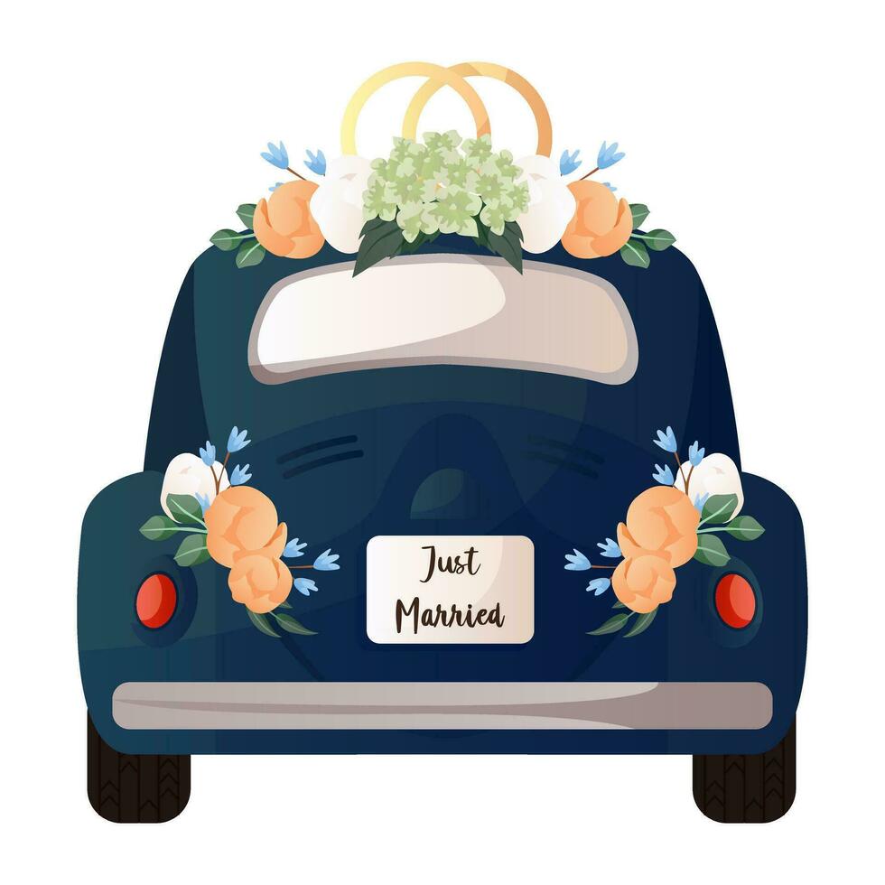 Wedding rings on retro car with flowers and sign board Just Married. Bride and groom getaway car. Wedding day accessories, decorations. Celebrate marriage, save the date ceremony. vector