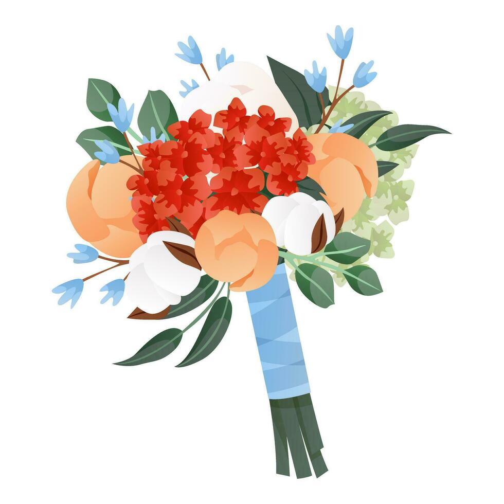 Wedding bouquet of peony, freesia, green leaves. Bridal bunch of flowers tied with blue ribbon arrangements. Wedding day accessories, decorations.Celebrate marriage, save the date ceremony. vector