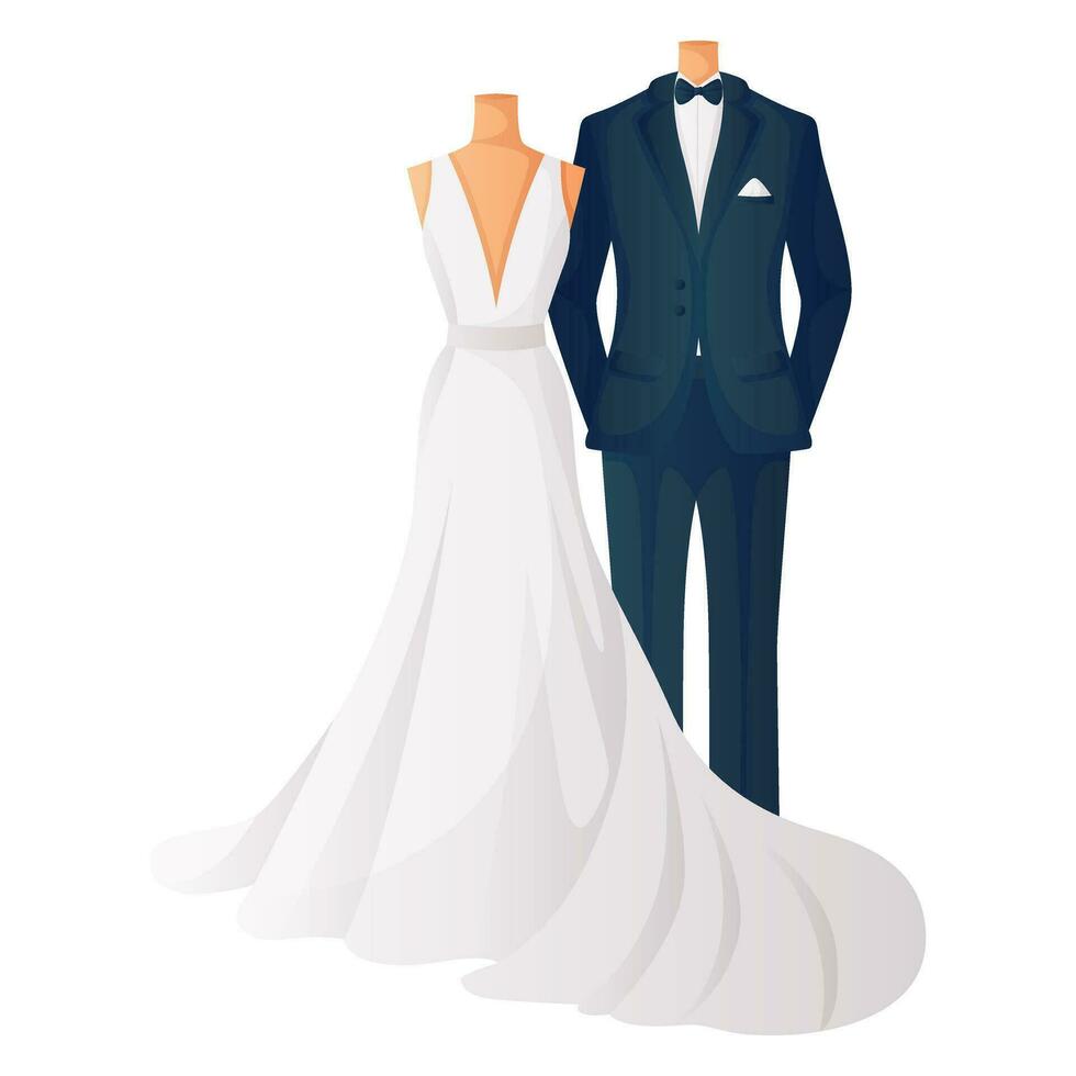 Wedding bride dress, groom suit on couple mannequins for bridal shop. Brides, grooms fit clothes showroom. Wedding day accessories, decorations. Celebrate marriage, save the date ceremony. vector