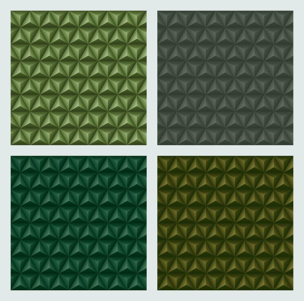 3d triangles pyramids, earth tone green color backgrounds set. Geometric hexagons, diamonds shape, seamless patterns. Vector illustration.
