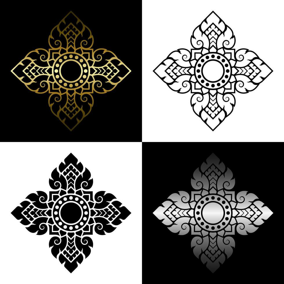 Traditional Thai art pattern set. Prajam Yam. Solid black and line art decorative design elements. Gradient gold and silver. Vector illustration.
