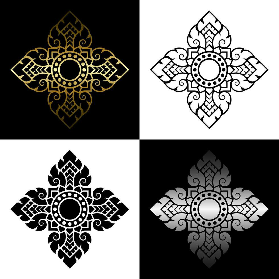 Traditional Thai art pattern set. Prajam Yam. Solid black and line art decorative design elements. Gradient gold and silver. Vector illustration.