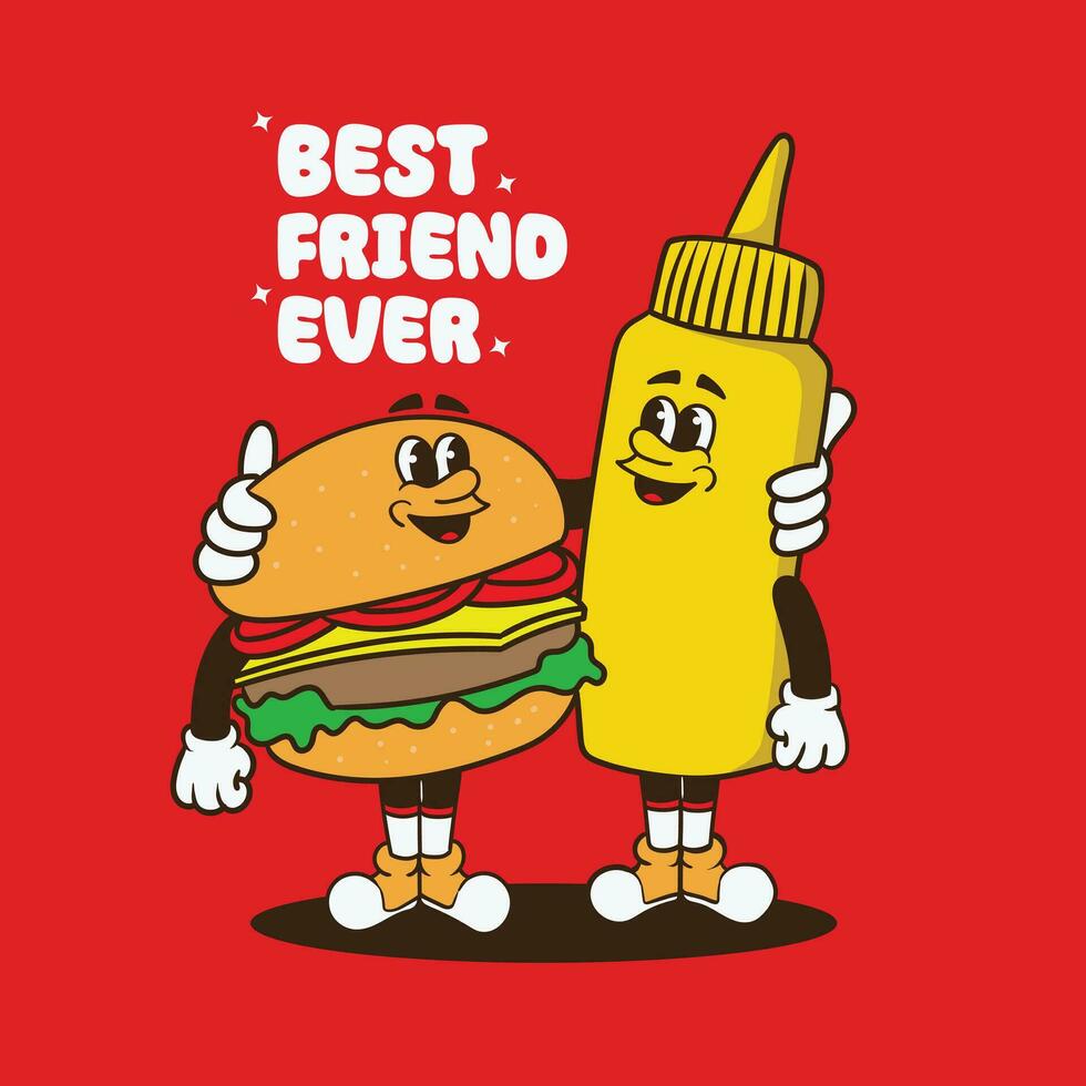 retro cartoon funny, groovy character, burger groovy cartoon character, fast food cartoon vector