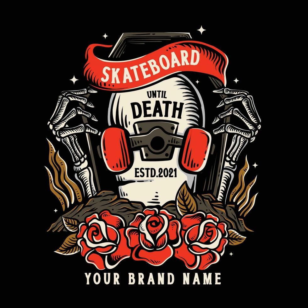 skeleton hand holding a skateboard with oldschool roses, illustration for apparel vector