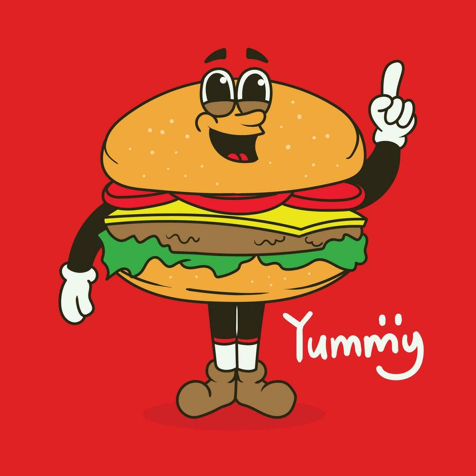 retro cartoon funny, groovy character, burger groovy cartoon character vector