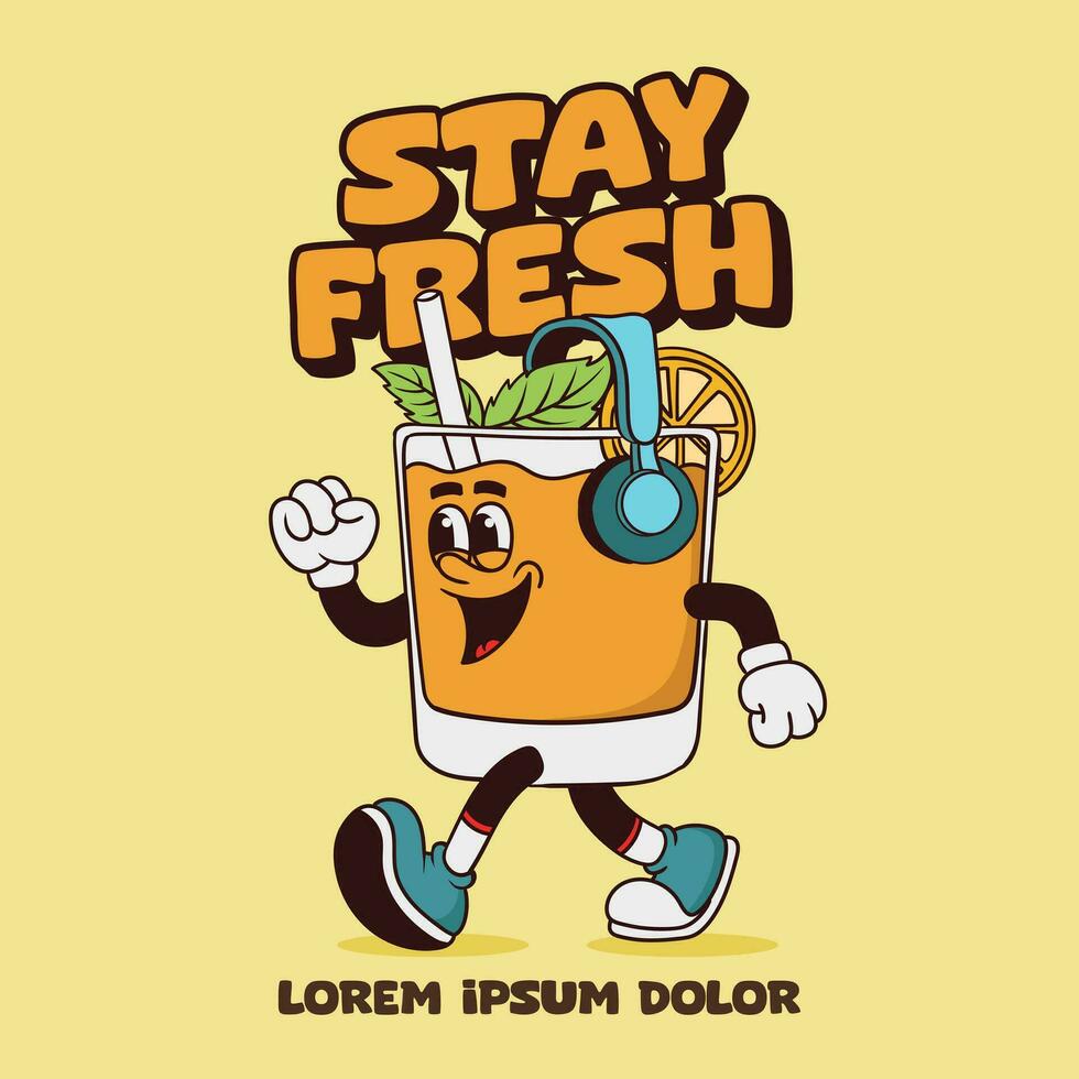 retro cartoon funny, groovy character, orange juice groovy cartoon character vector