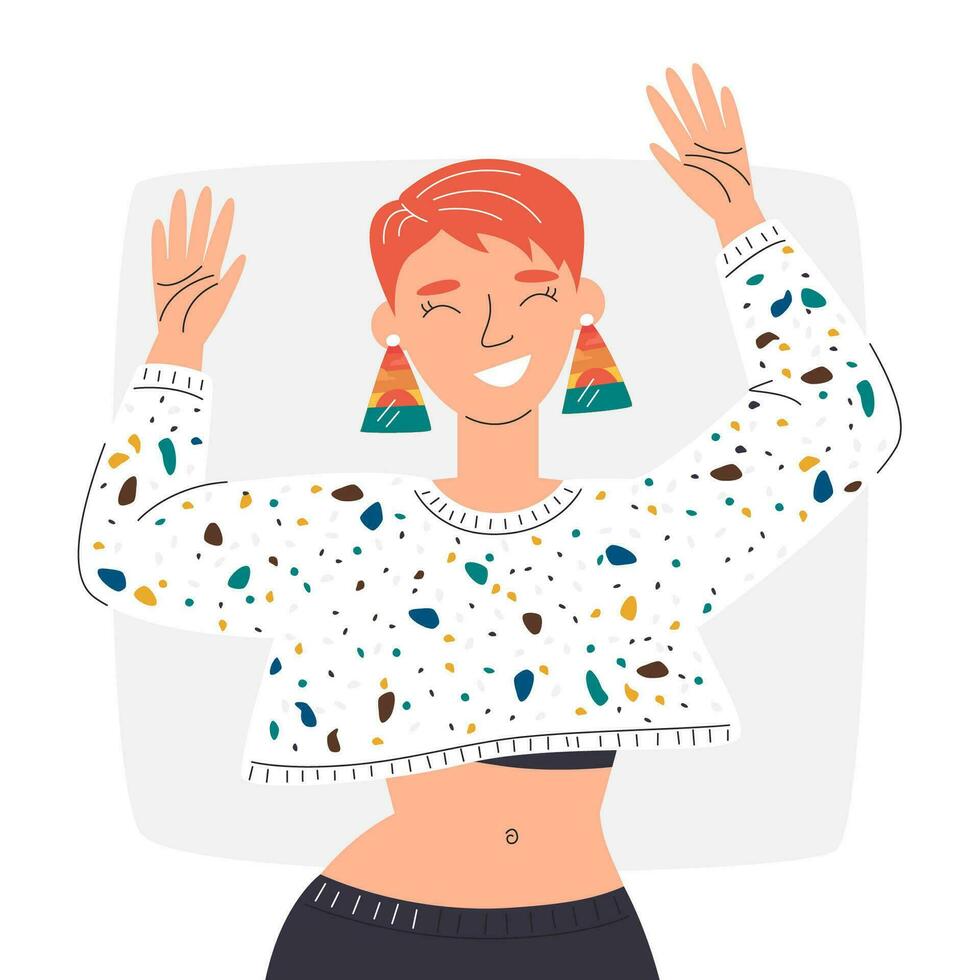 Handsome red haired woman in sweatshot with terrazzo pattern. Dancing female character. Happy girl moving her body. Cool and positive self love. Enjoying personage hand drawn flat vector illustration