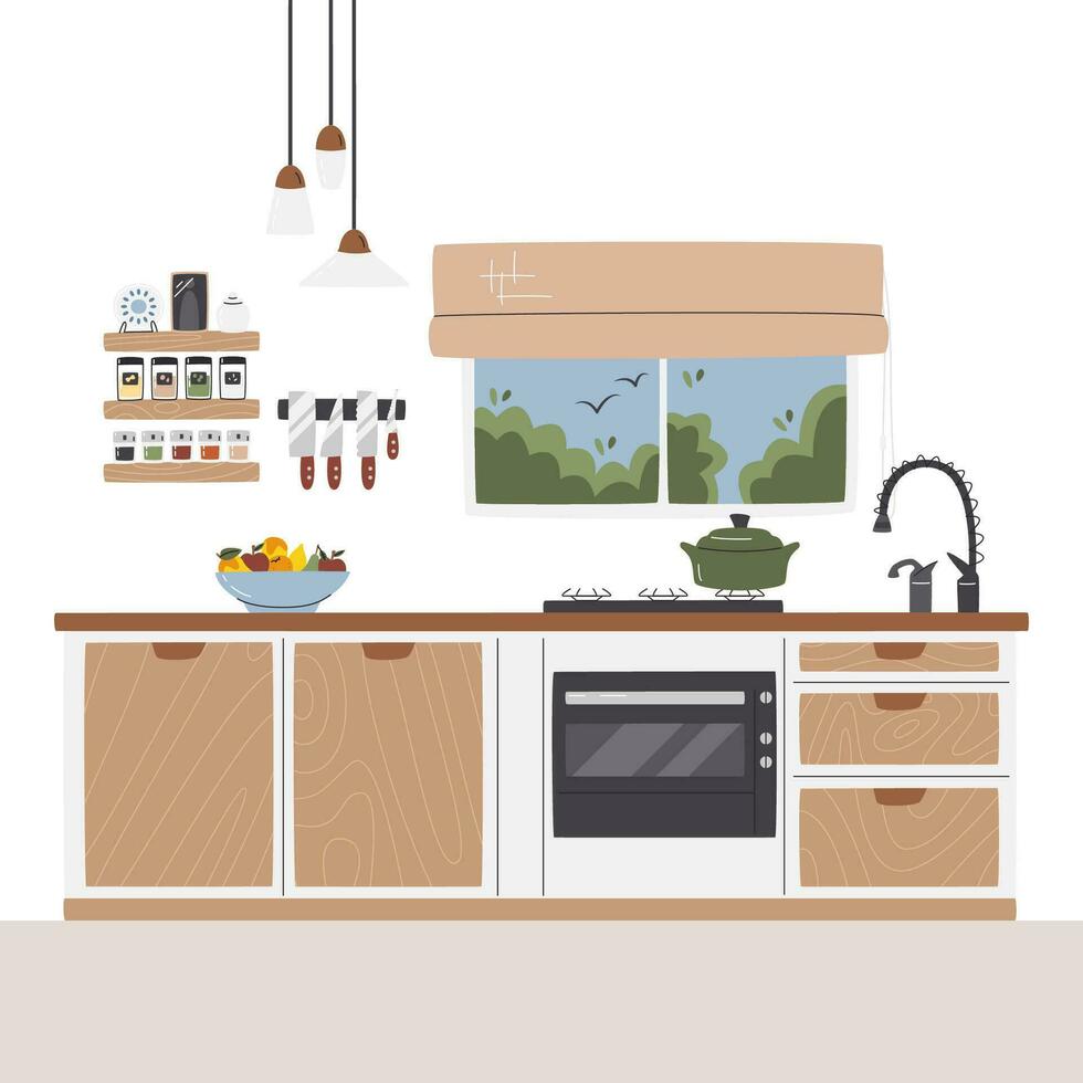 Modern kitchen set design next to window. On wall shelves and knife magnetic strip. Different species organizers and containers with groats. Kitchen interior scene hand drawn flat vector illustration