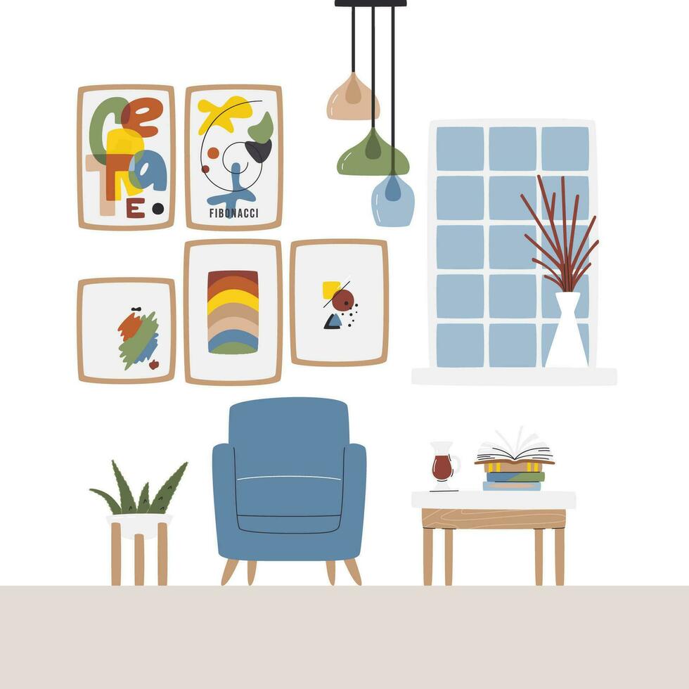 Cozy armchair next to tall window with many houseplants. Books and coffee cup on modern coffee table. Lounge zone with abstract wall posters art. Living room area hand drawn flat vector illustration