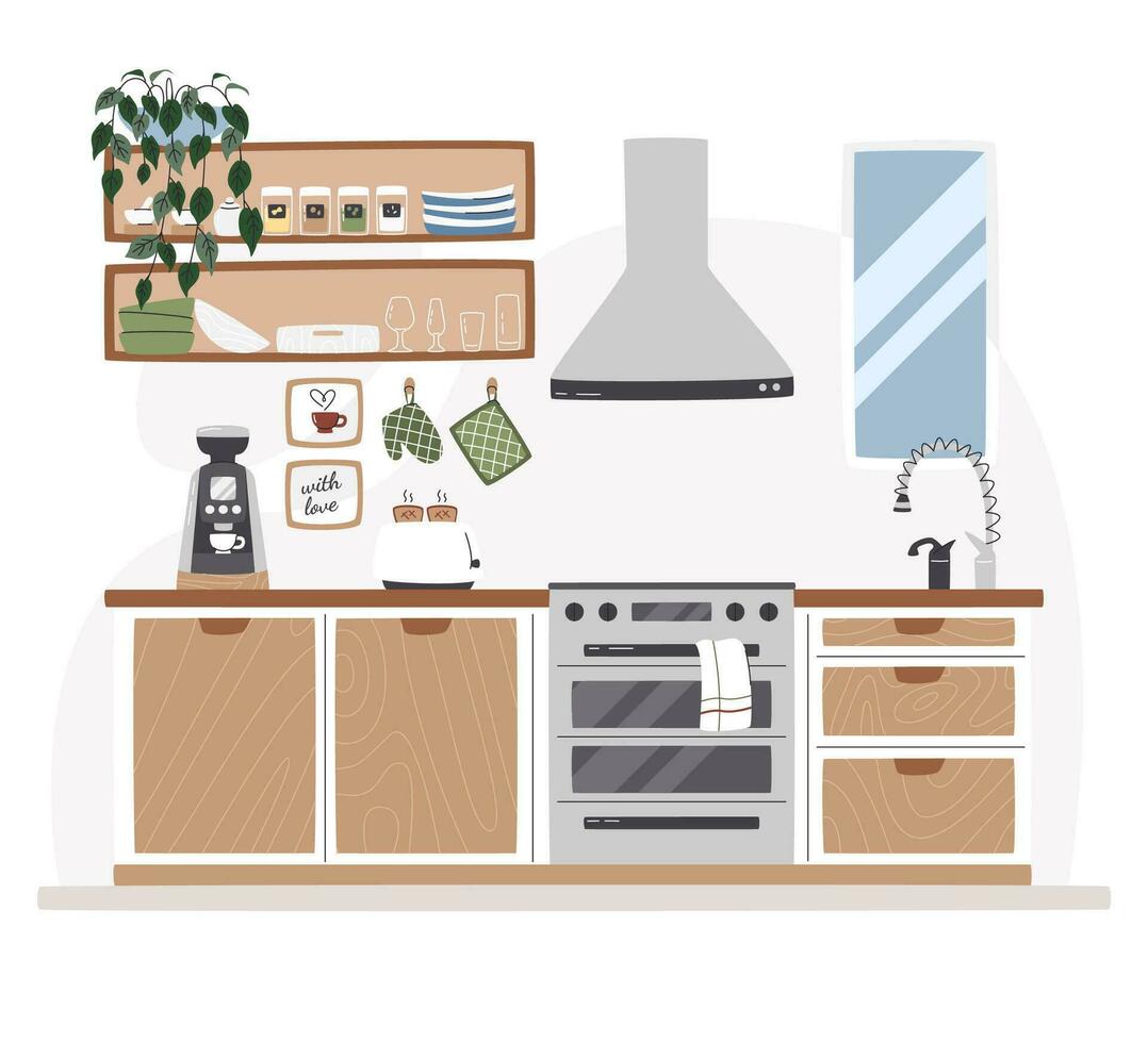 Mid-century modern kitchen interior design with rustic touches. Two levels of open storage space with utensils. Cooking area zone next to the window. Kitchen set hand drawn flat vector illustration