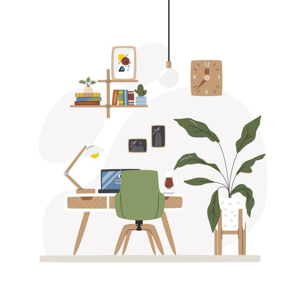 preparado espacio de trabajo para remoto trabajo o estudiar. moderno medio siglo mueble decorado con plantas y libros. hogar interior con pequeño biblioteca y pared Arte. lugar de trabajo mano dibujado plano vector ilustración