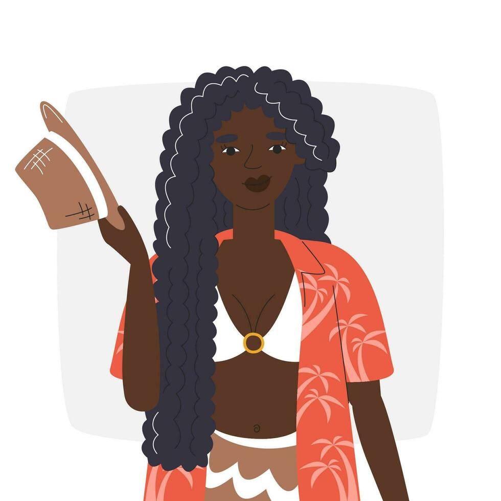 Young black woman in hawaiian shirt with hat ready for beach resort. Cute character in summer clothes. Personage concept design. African american girl in bikini hand drawn flat vector illustration