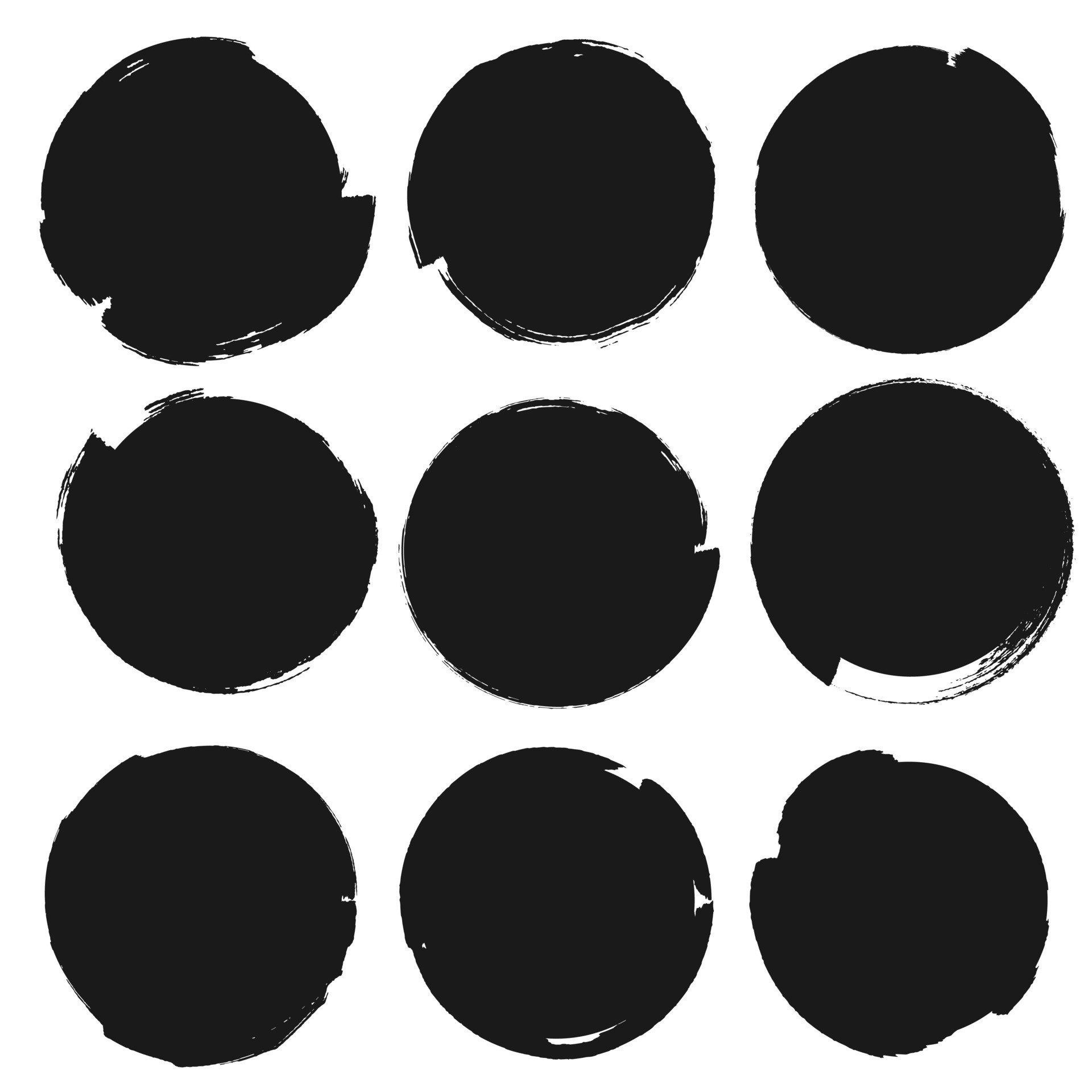 Set Of Vector Black Round Grunge Stickers With Uneven Rough Edges