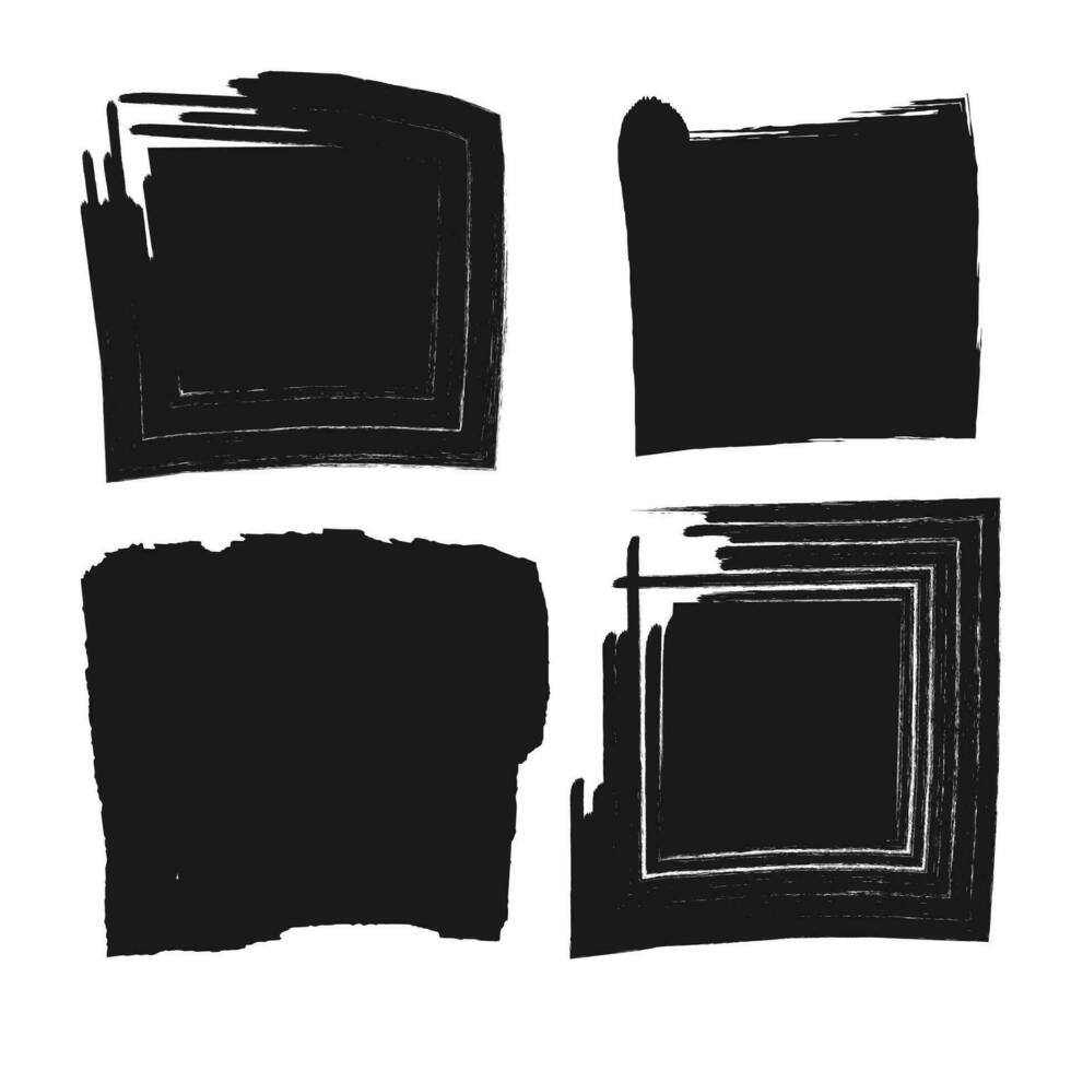Set of vector square grunge black stickers isolated on white background. A group of labels with uneven rough edges drawn with an ink brush. Vector design elements, 4 square frames