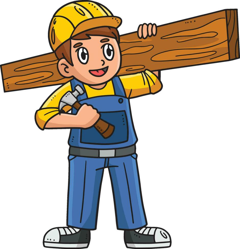 Carpenter Carrying Plywood Cartoon Colored Clipart vector