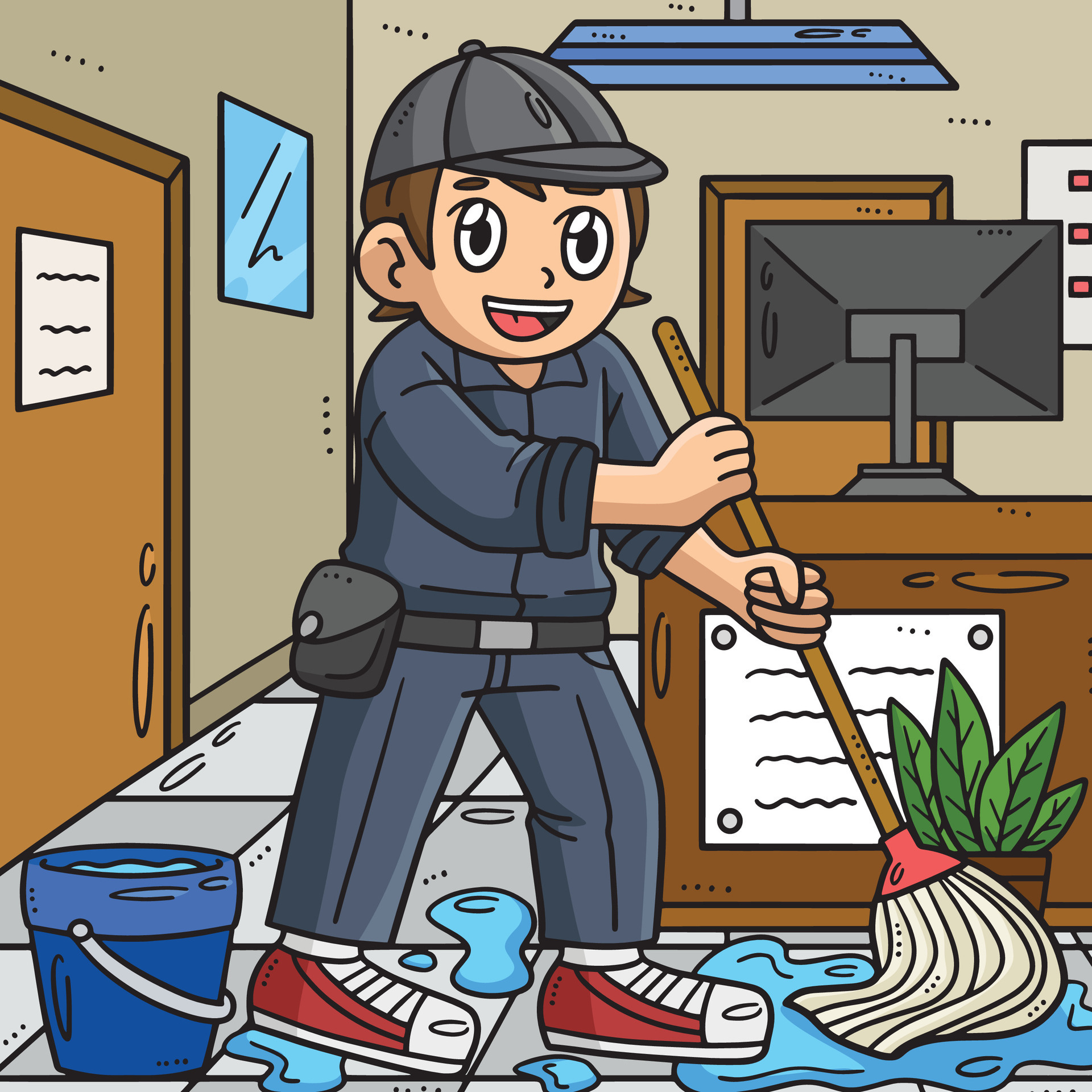 janitor cleaning cartoon