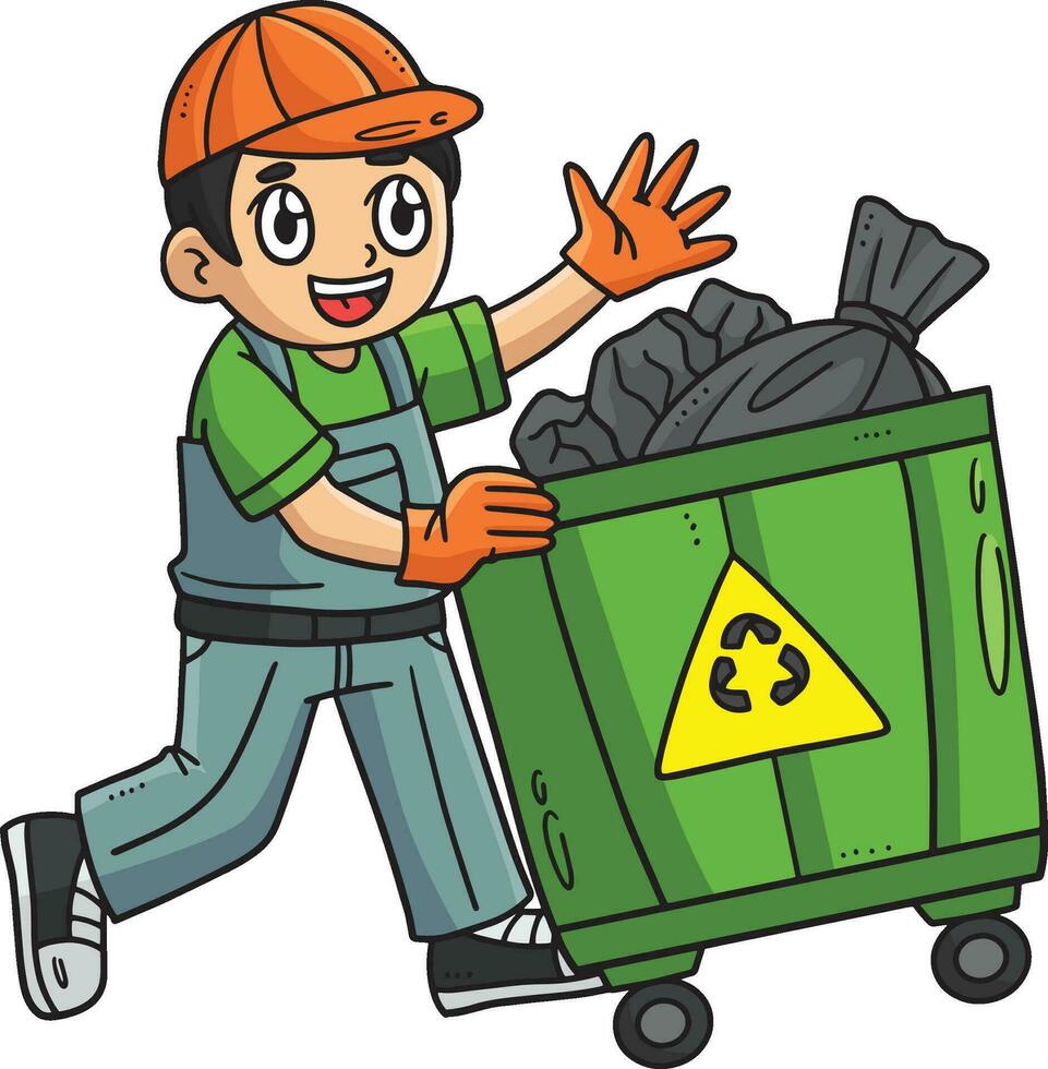 Garbage Man Collecting Bin Cartoon Colored Clipart vector