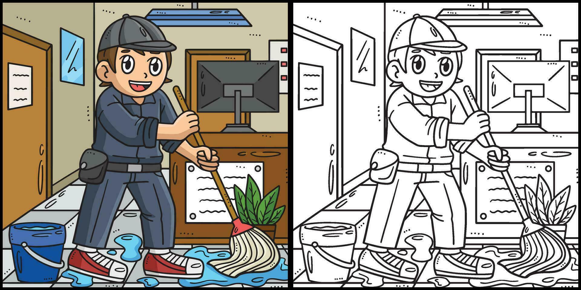 Labor Day Janitor Cleaning Coloring Illustration vector