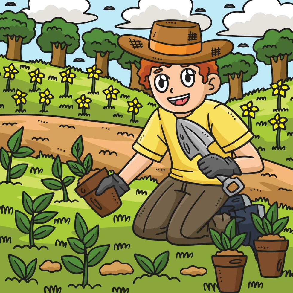 Labor Day Gardener Planting Seedlings Colored vector