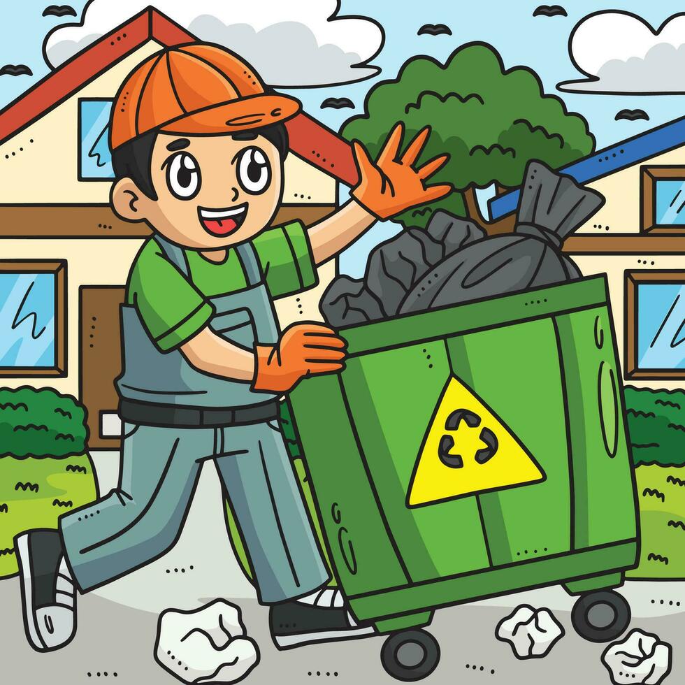 Labor Day Garbage Man Collecting Bin Colored vector
