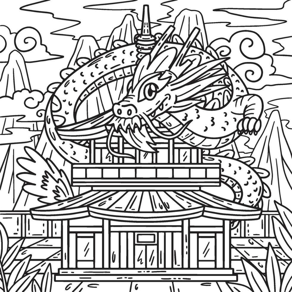 Year of the Dragon Dragon and Pagoda Kids Coloring vector