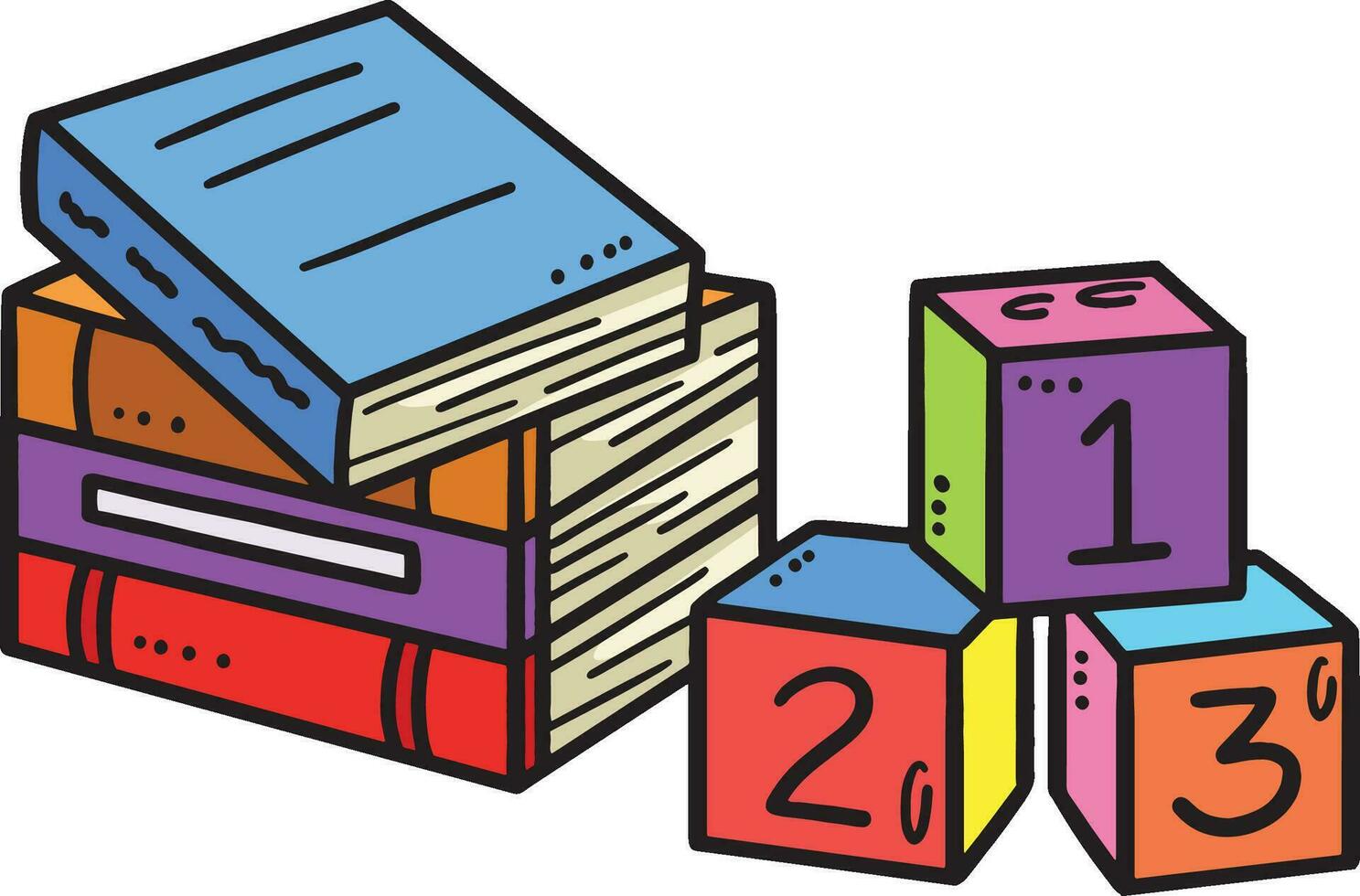 Books and Number Block Cartoon Colored Clipart vector