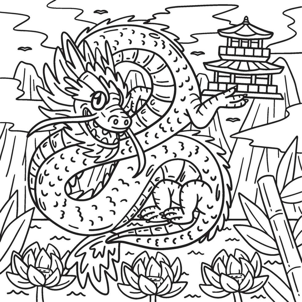 Year of the Dragon Holding Small Pagoda Coloring vector