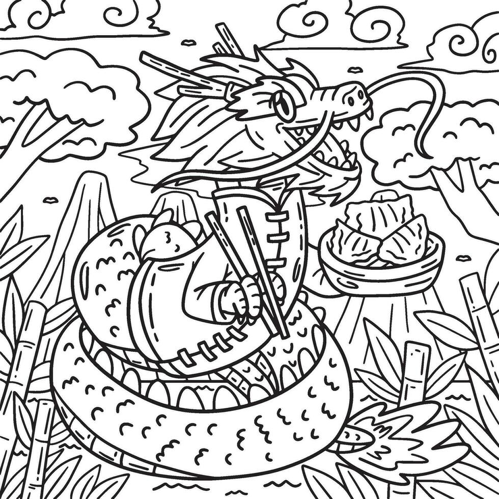 Year of the Dragon Eating Dumplings Kids Coloring vector