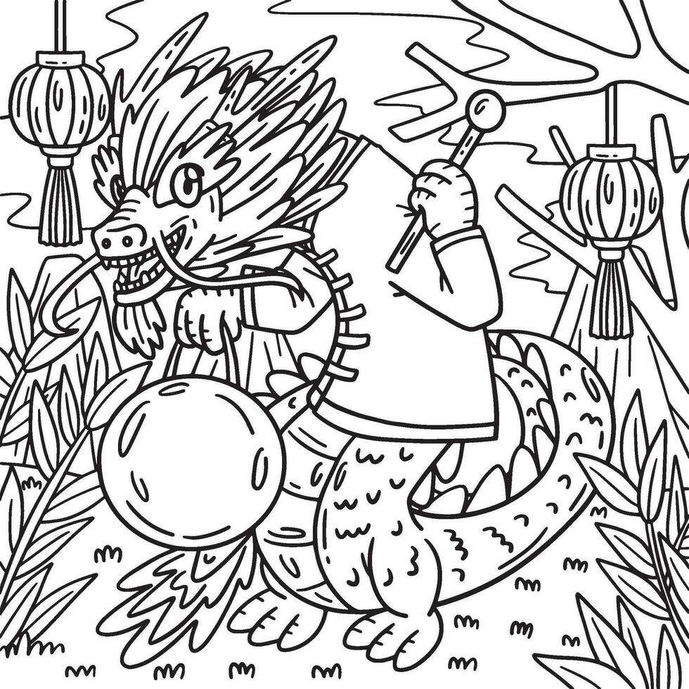 Year of the Dragon Holding Gong Kids Coloring Page vector