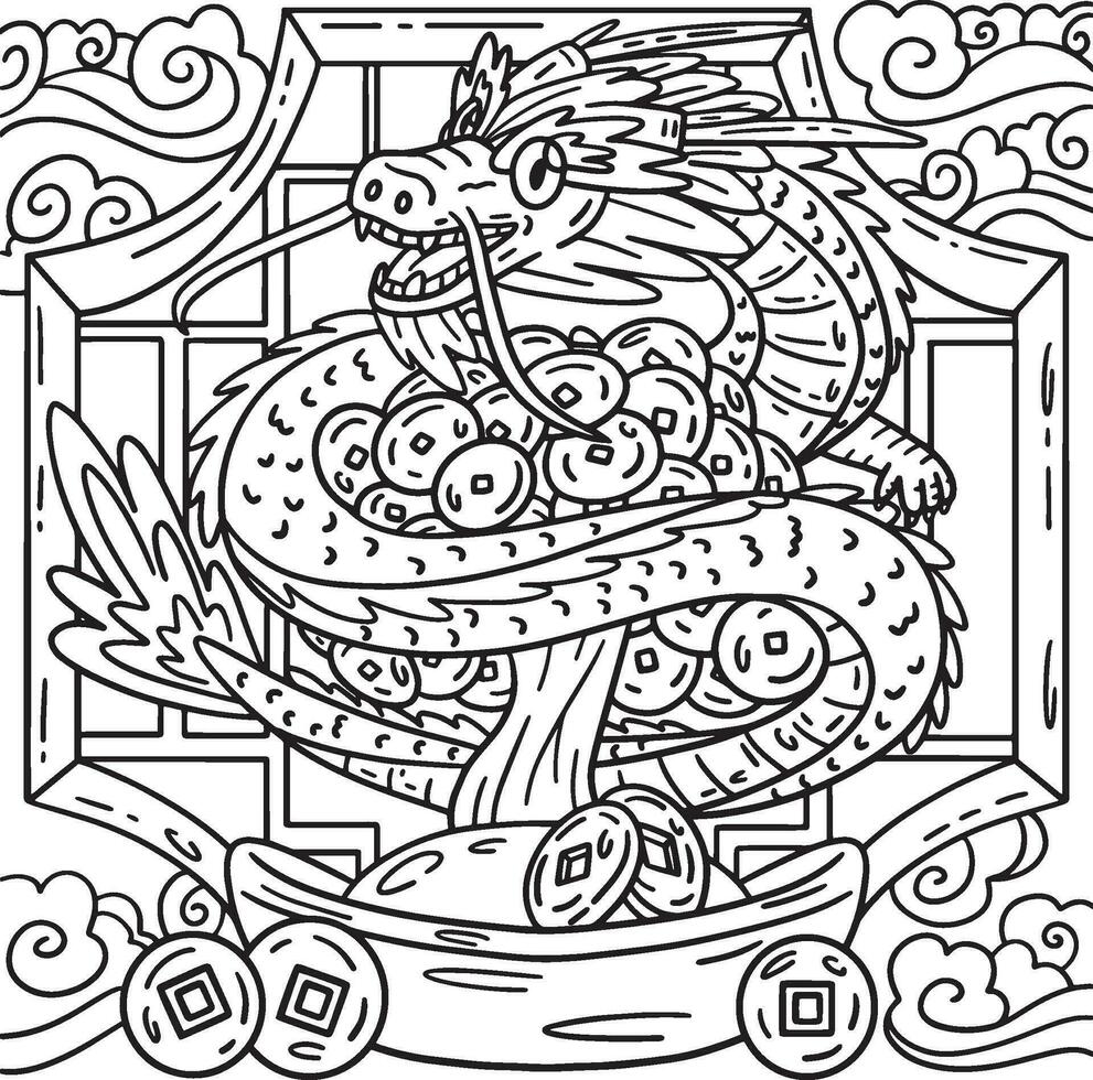 Year of the Dragon Coin Tree Kids Coloring Page vector