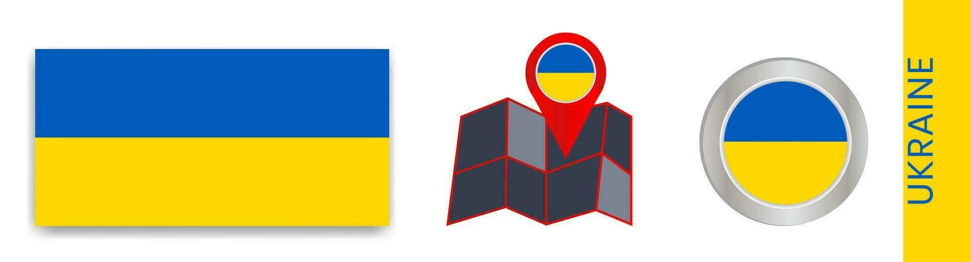 Collection of Ukrainian national flags isolated in official colors and map icons of Ukraine with state flags. vector