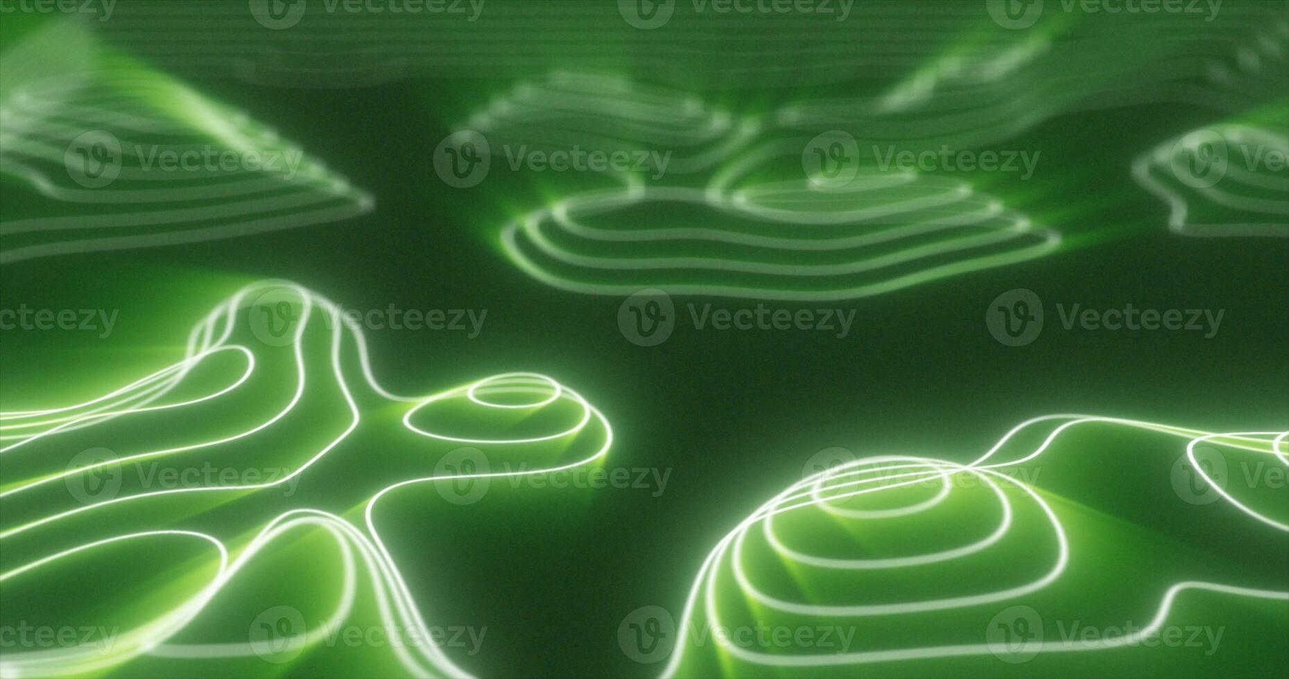 Abstract green futuristic hi-tech landscape with mountains and canyons from glowing energy circles and magic lines background photo