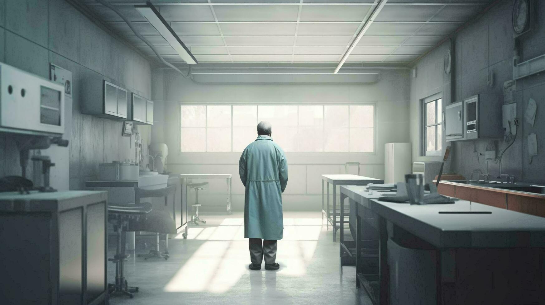 Doctor medical worker stands in the corridor in the hospital medical facility view from the back. AI generated photo