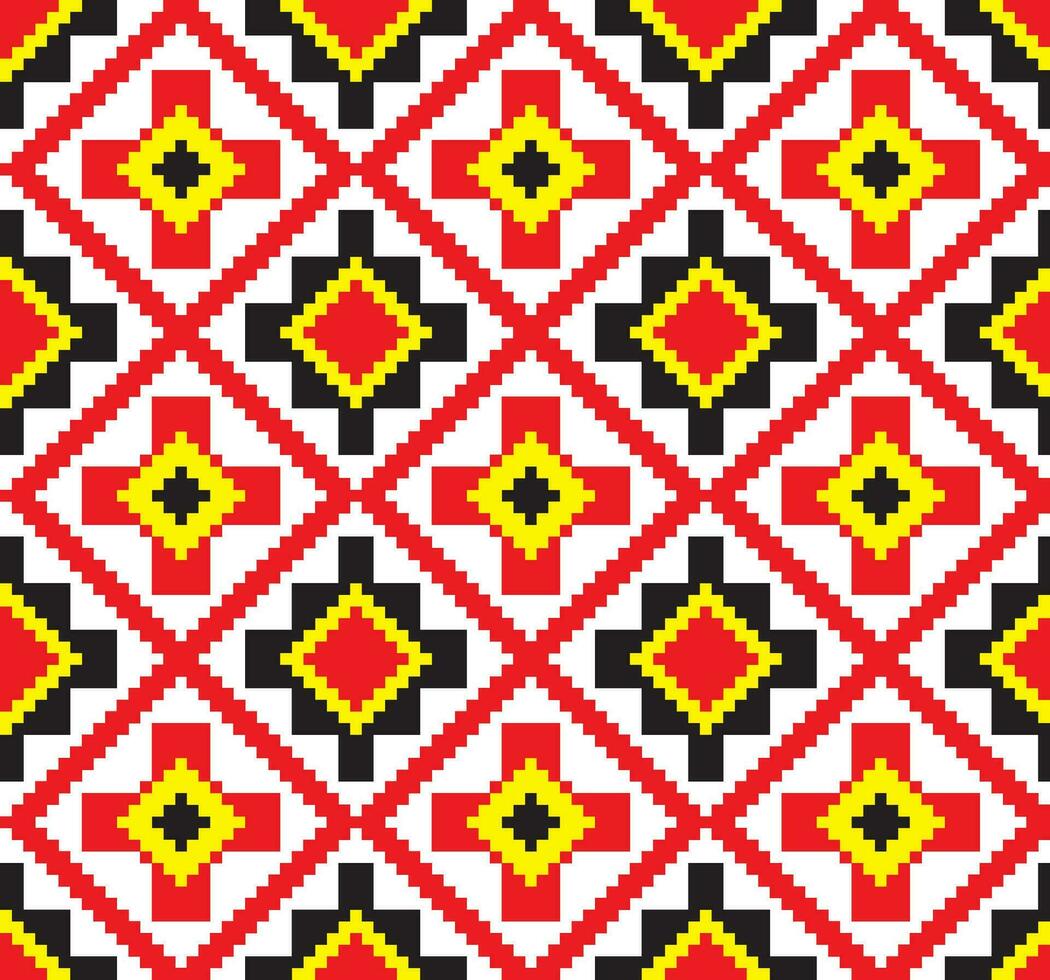 Vector colored seamless Ukrainian national ornament, embroidery. Endless ethnic floral border, Slavic peoples frame. Red cross stitch.