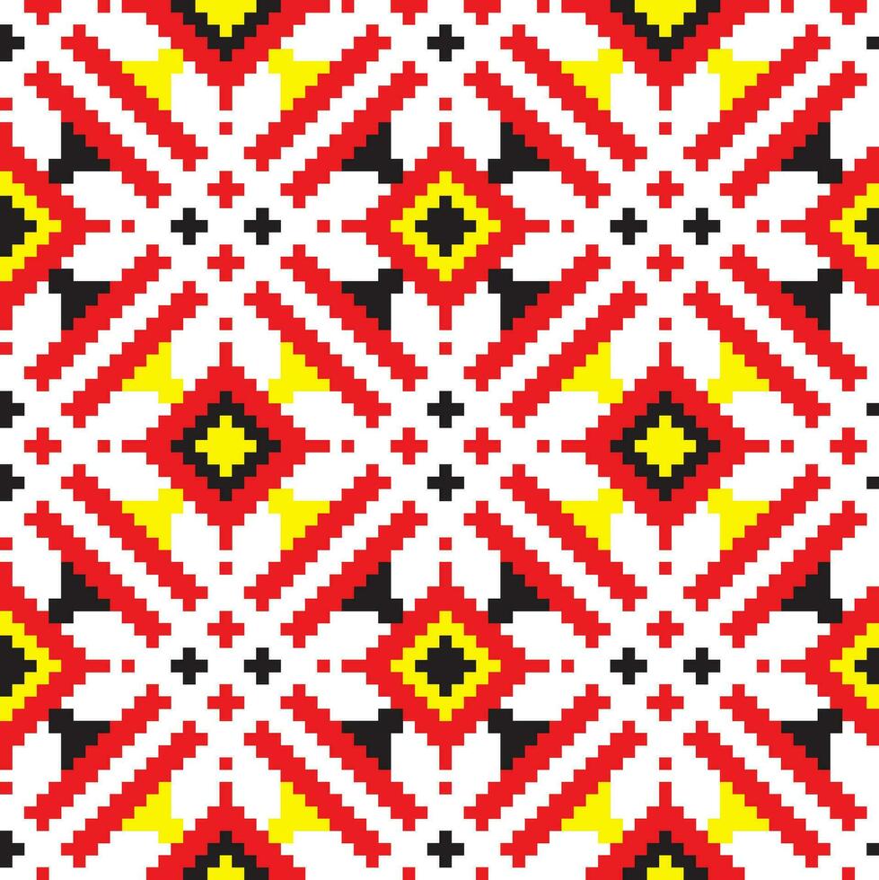 Vector colored seamless Ukrainian national ornament, embroidery. Endless ethnic floral border, Slavic peoples frame. Red cross stitch.