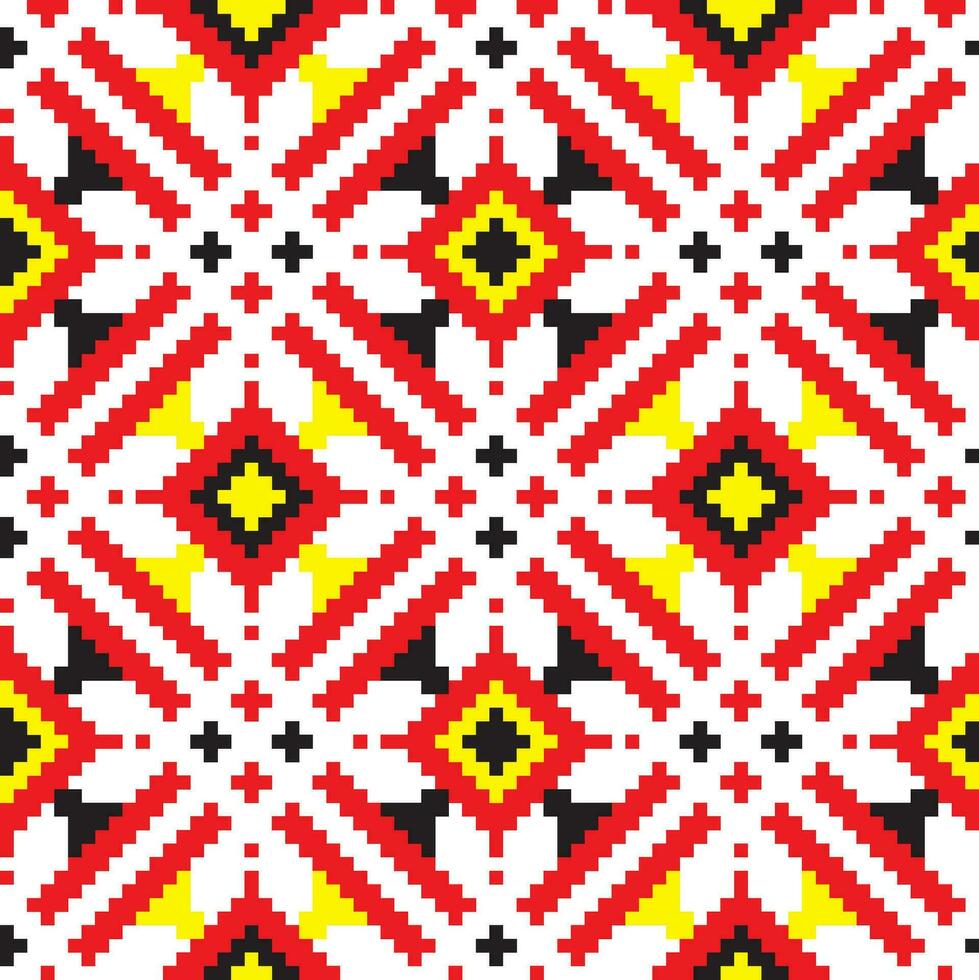 Vector colored seamless Ukrainian national ornament, embroidery. Endless ethnic floral border, Slavic peoples frame. Red cross stitch.