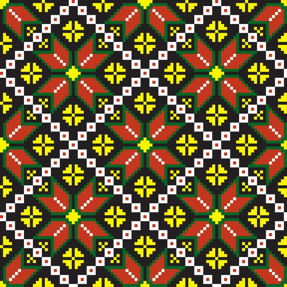 Vector colored seamless Ukrainian national ornament, embroidery. Endless ethnic floral border, Slavic peoples pattern. Red cross stitch.