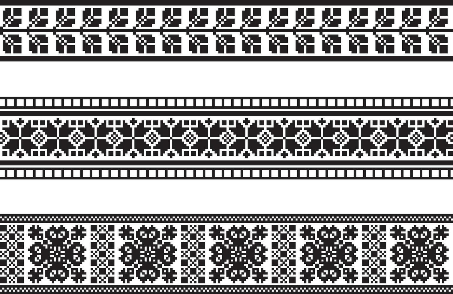 Vector set of monochrome seamless Ukrainian national ornament, embroidery. Endless ethnic floral border, Slavic peoples frame. black cross stitch.