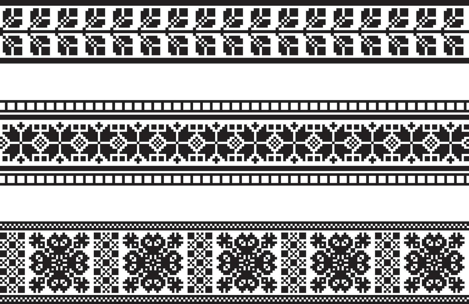 Vector set of monochrome seamless Ukrainian national ornament, embroidery. Endless ethnic floral border, Slavic peoples frame. black cross stitch.