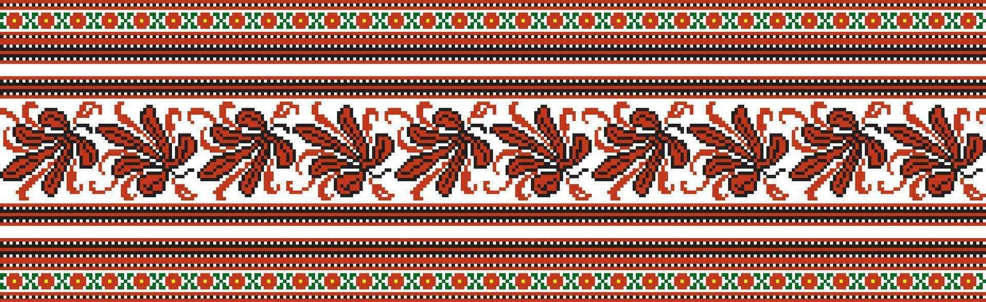Vector colored seamless Ukrainian national ornament, embroidery. Endless ethnic floral border, Slavic peoples frame. Red cross stitch.