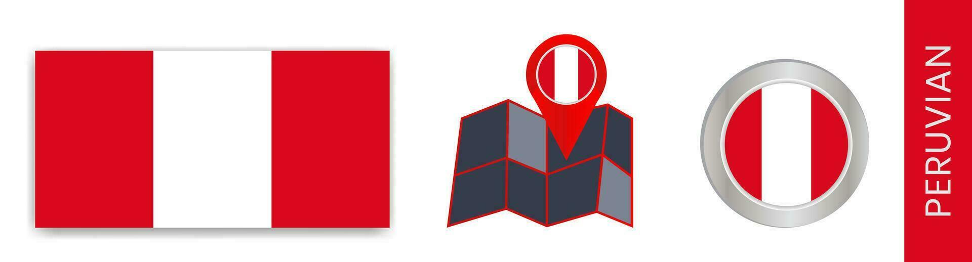 Collection of national flags of Peru isolated in official colors and map icons of Peru with country flags. vector