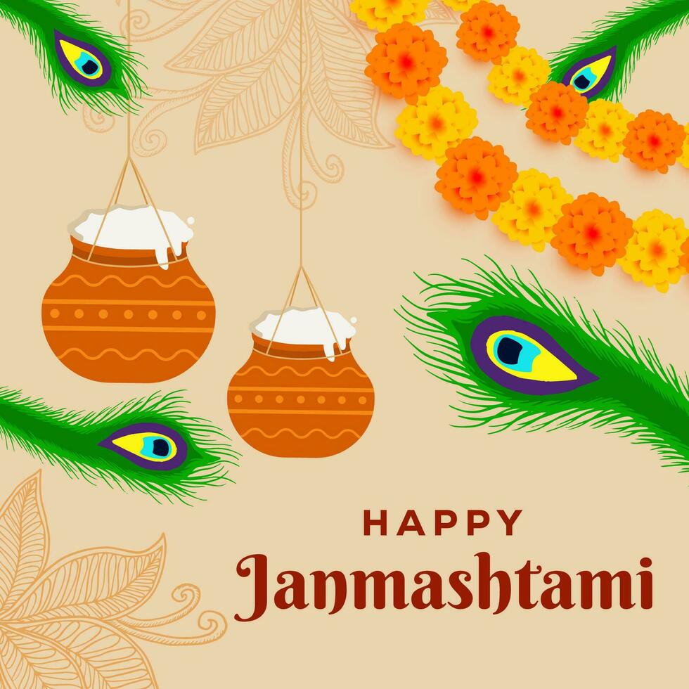 contento janmashtami ilustración con pavo real pluma y colgando dahi handi Makhan vector