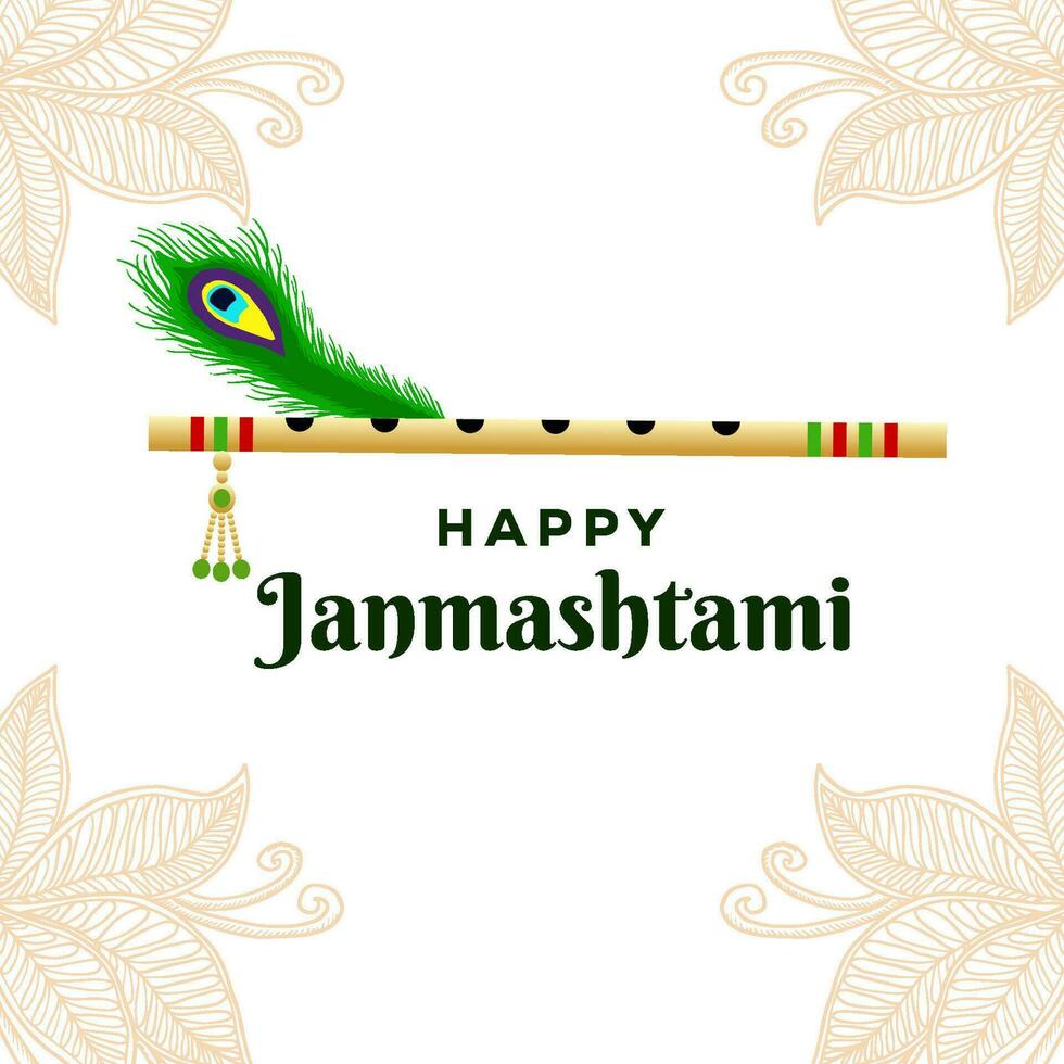 vector contento janmashtami ilustración con pavo real pluma y flauta