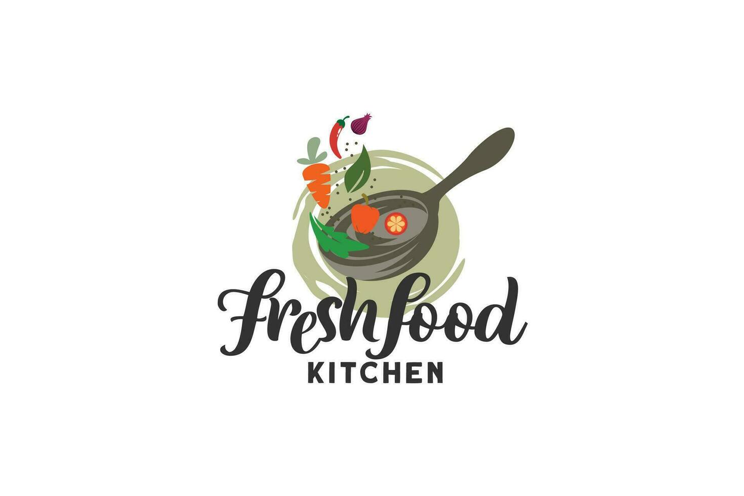 Fresh food kitchen logo with a combination of a frying pan or wok and vegetables. Great for restaurant, cafe, shop, etc. vector