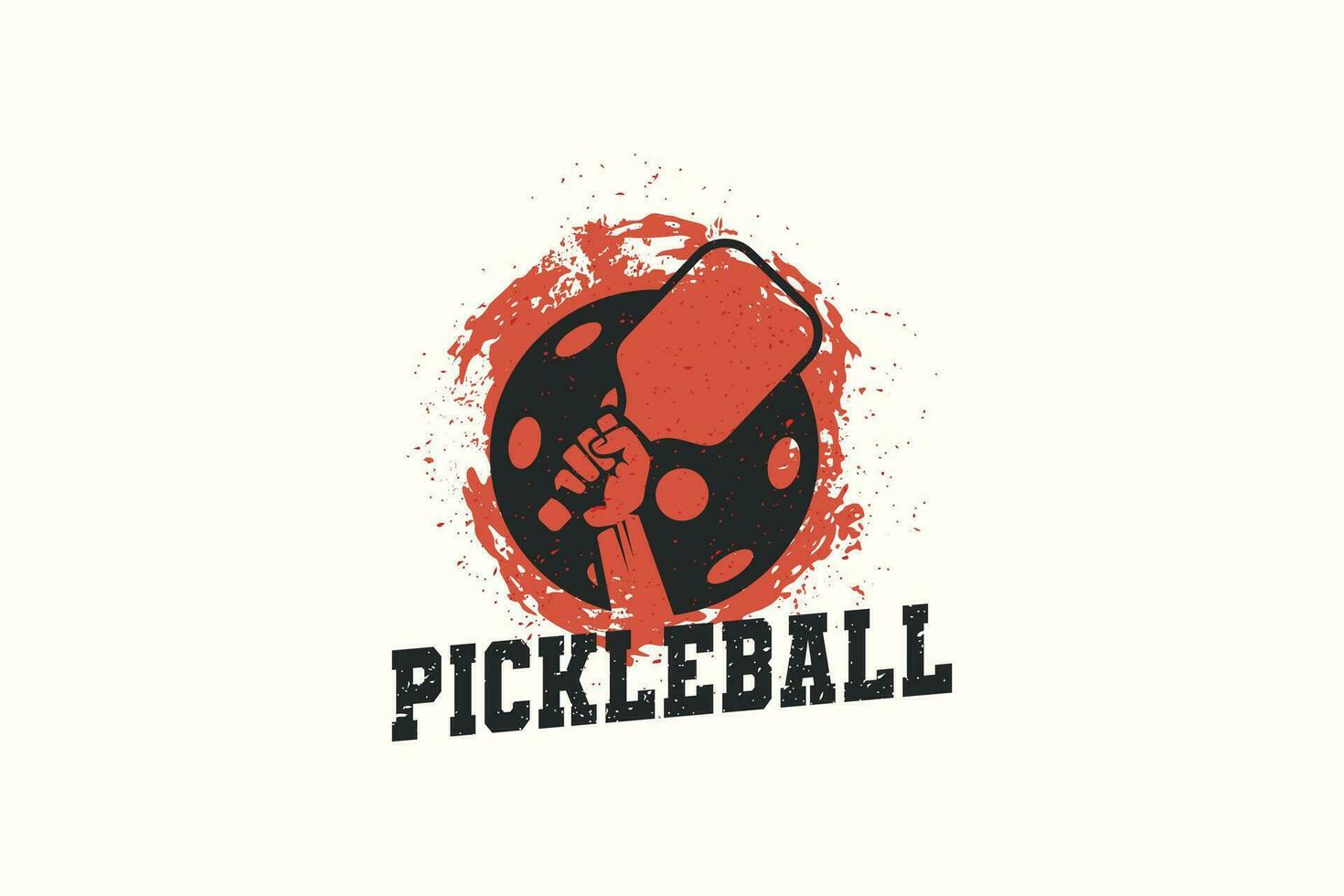 pickleball vector graphic with a combination of a hand holding a paddle, a ball, and splashes of paint in street graffiti style. Great for logos, t shirts, stickers, etc.