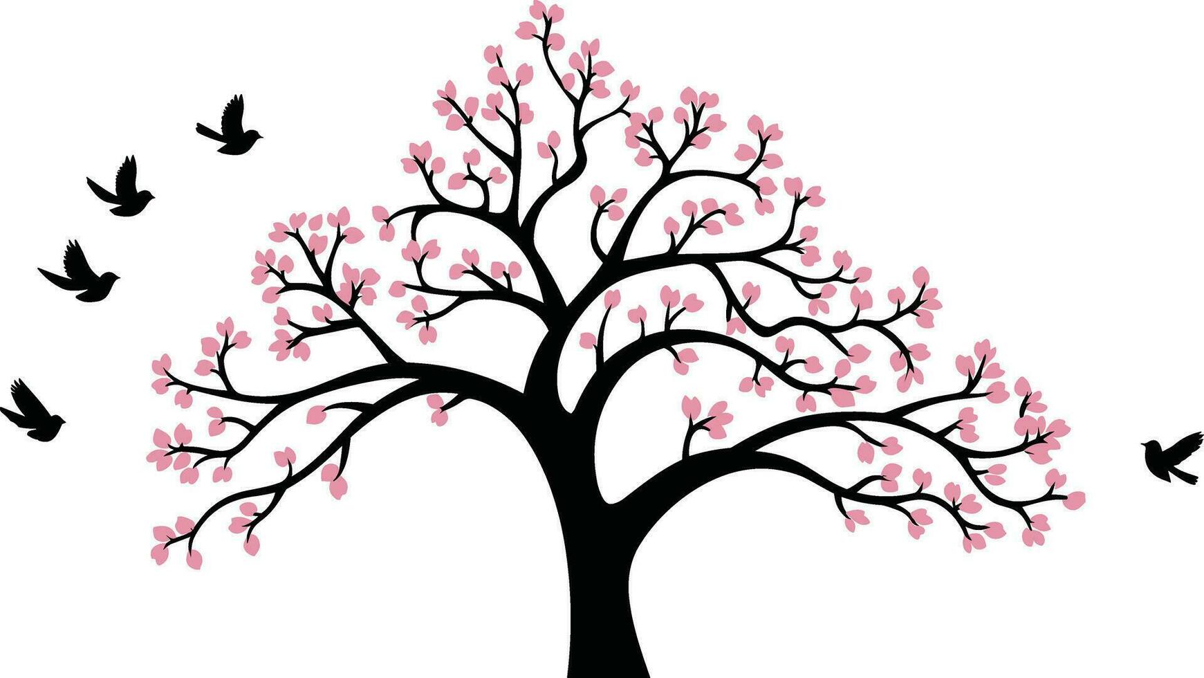 silhouette of a birds flying to the pink vinyl tree wall art decor vector illustration