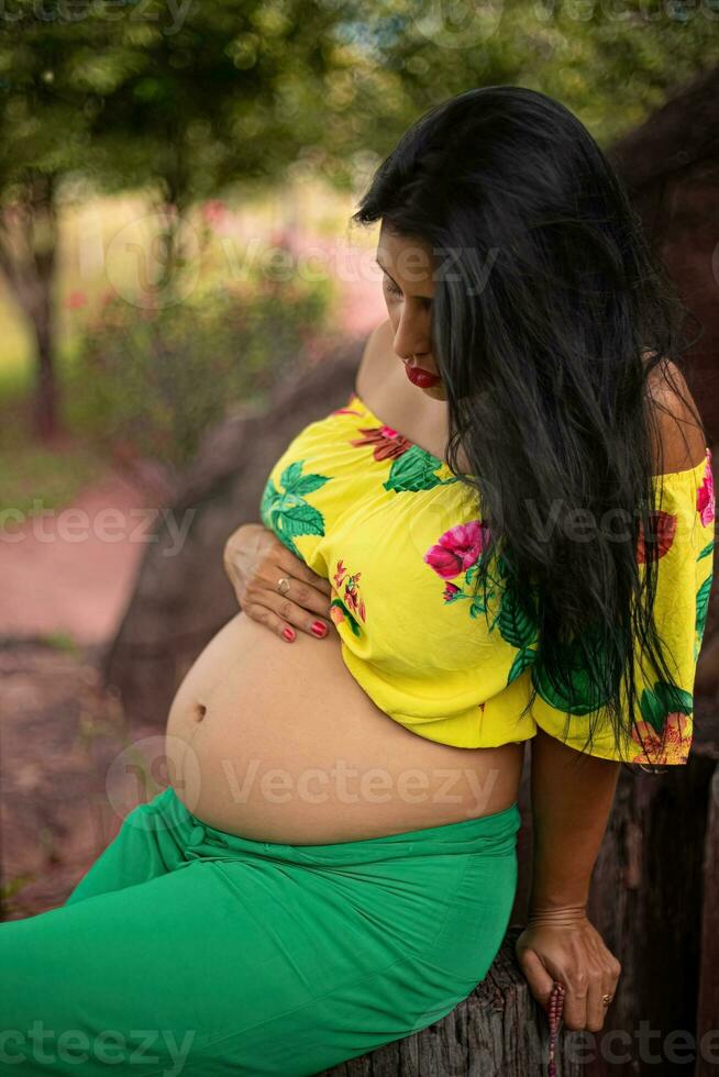 embarazada mujer posando en un parque foto